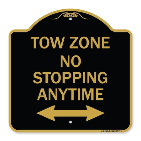 Signmission No Stopping Anytime W/ Bi-Directional Arrow, Black & Gold Aluminum Sign, 18" x 18", BG-1818-23579 A-DES-BG-1818-23579
